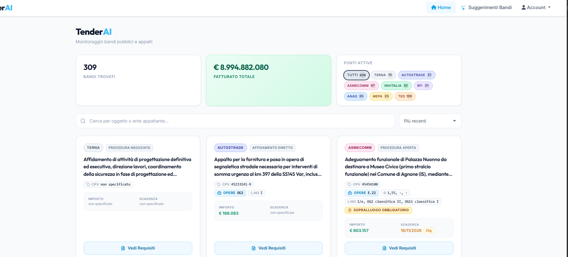 Anteprima della dashboard TenderFinder con bandi da più fonti, importi, scadenze e requisiti